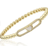 14K Gold Plated Oval Clasped Bangle Accented With Cz & Mother Of Pearl Heart Bar Center