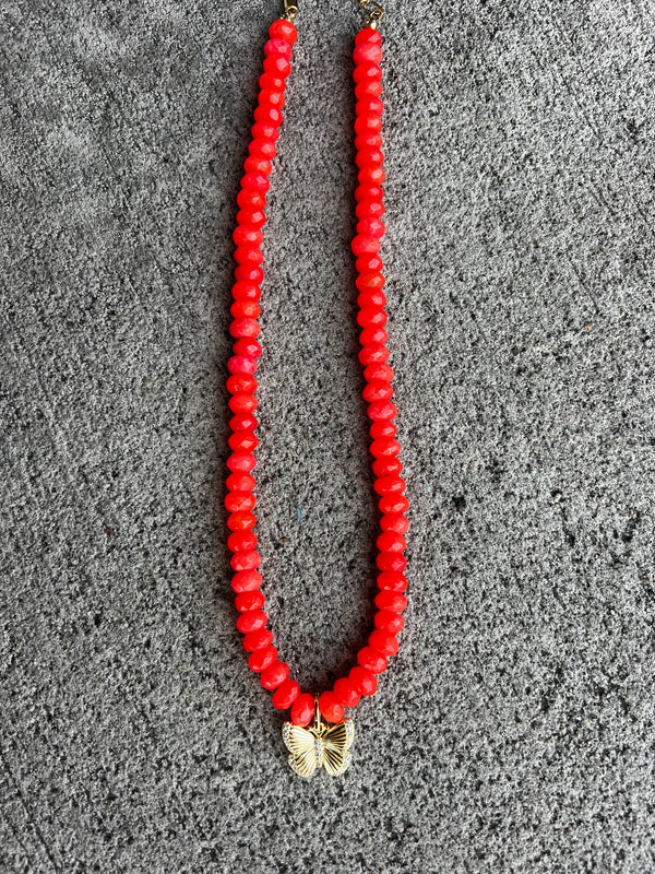 One of A Kind Red Beaded Butterfly Necklace