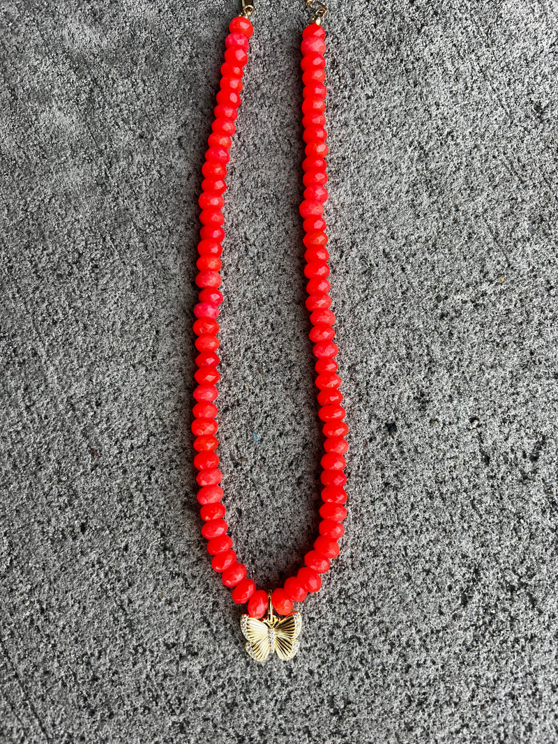 One of A Kind Red Beaded Butterfly Necklace