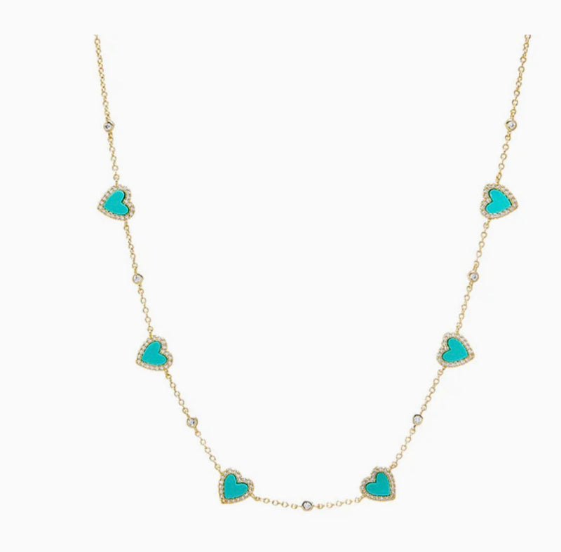 Pave Outlined Colored Stone Multi Heart Necklace