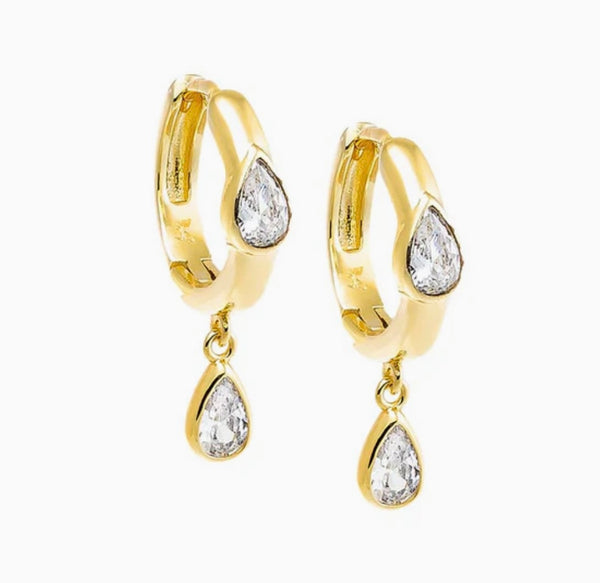 Double Teardrop CZ Dangle Huggie Earrings