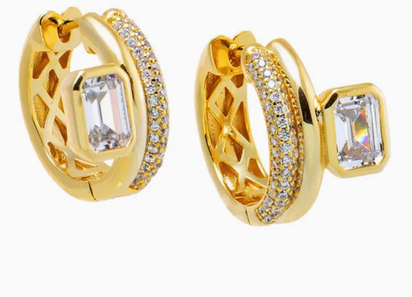 CZ Emerald Bezel Double Row Huggie Earring