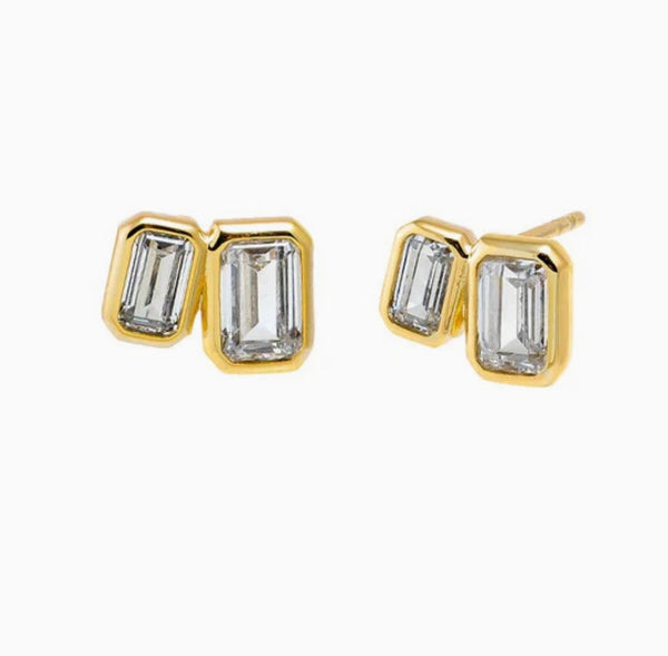 CZ Bezel Double Emerald Stud Earring