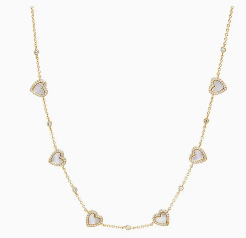 Pave Outlined Colored Stone Multi Heart Necklace