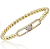 14K Gold Plated Oval Clasped Bangle Accented With Cz & Mother Of Pearl Heart Bar Center