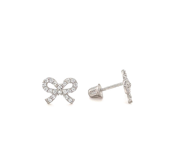 White Gold Bow Screwback Earrings